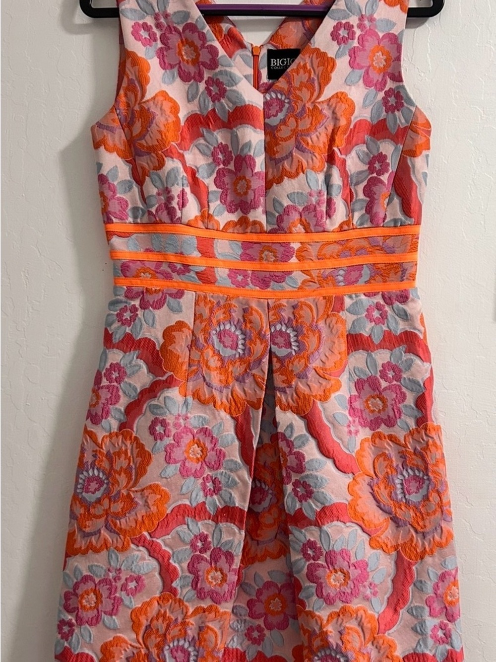 Floral Jacquard Fit-and-Flare Dress in Orange & Pink Sleeveless back zipper.